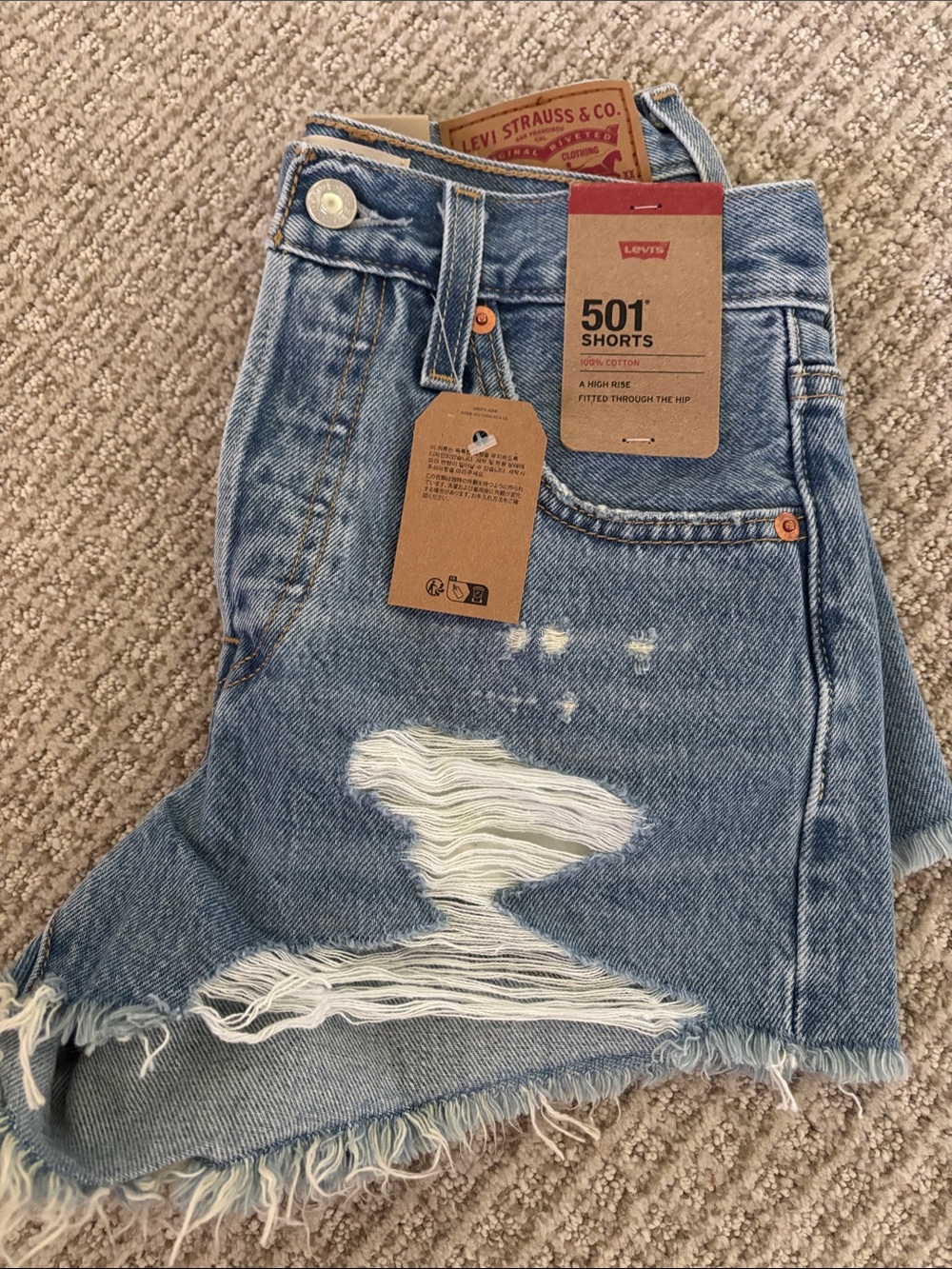 Levi's Blue Distressed 501 Cutoff Denim Shorts